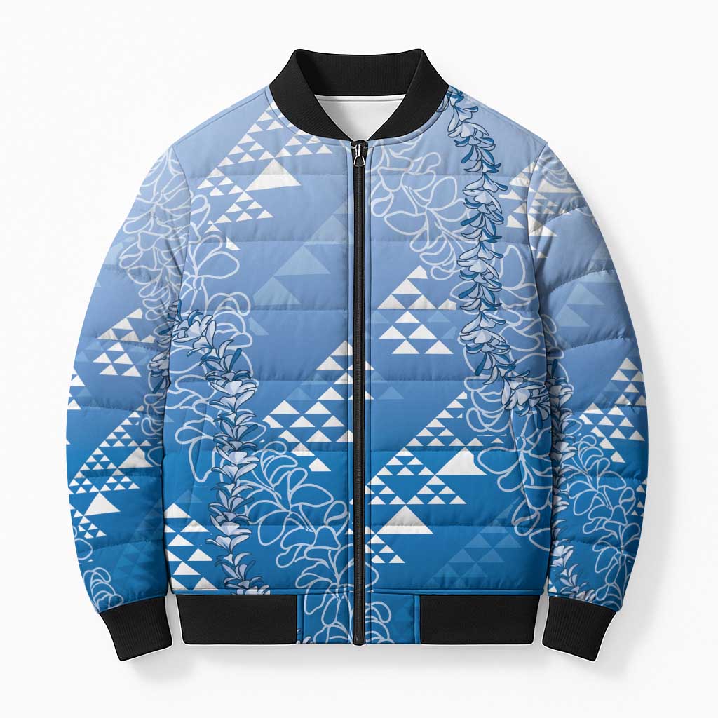 Hawaii Royal Blue Kapa Bomber Puffer Jacket Vintage 'Ohe Kāpala Motifs Mix Plumeria Leis LT7 Unisex Royal Blue - Polynesian Pride