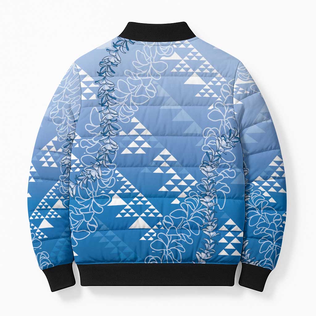 Hawaii Royal Blue Kapa Bomber Puffer Jacket Vintage 'Ohe Kāpala Motifs Mix Plumeria Leis LT7 - Polynesian Pride