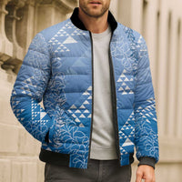 Hawaii Royal Blue Kapa Bomber Puffer Jacket Vintage 'Ohe Kāpala Motifs Mix Plumeria Leis LT7 - Polynesian Pride