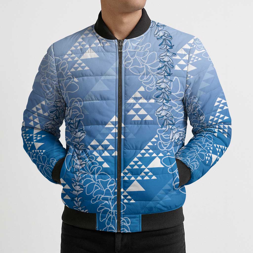 Hawaii Royal Blue Kapa Bomber Puffer Jacket Vintage 'Ohe Kāpala Motifs Mix Plumeria Leis LT7 - Polynesian Pride
