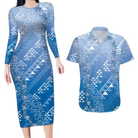 Hawaii Royal Blue Kapa Couples Matching Long Sleeve Bodycon Dress and Hawaiian Shirt Vintage 'Ohe Kāpala Motifs Mix Plumeria Leis