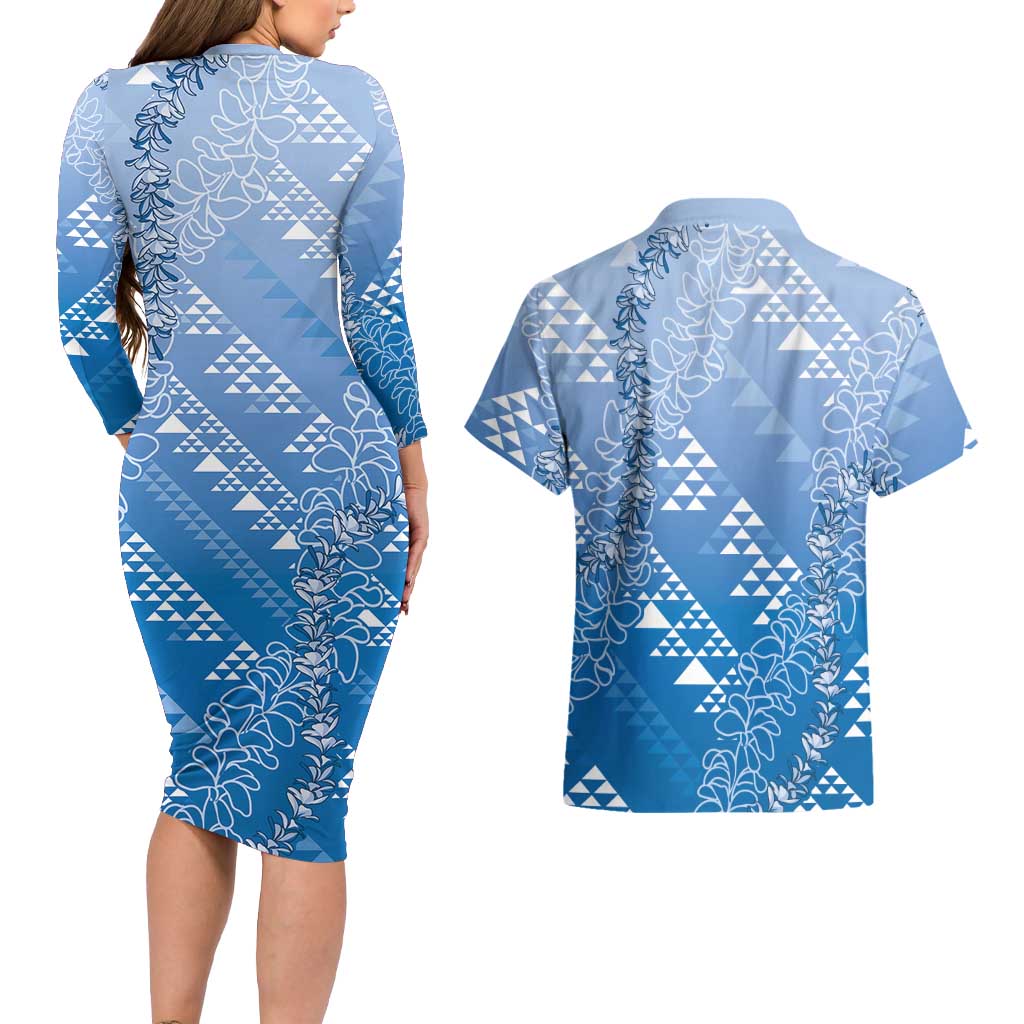 Hawaii Royal Blue Kapa Couples Matching Long Sleeve Bodycon Dress and Hawaiian Shirt Vintage 'Ohe Kāpala Motifs Mix Plumeria Leis