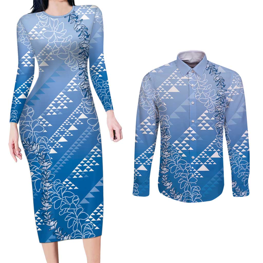 Hawaii Royal Blue Kapa Couples Matching Long Sleeve Bodycon Dress and Long Sleeve Button Shirt Vintage 'Ohe Kāpala Motifs Mix Plumeria Leis LT7 Royal Blue - Polynesian Pride