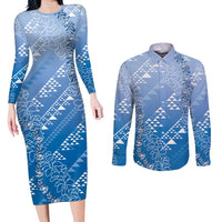 Hawaii Royal Blue Kapa Couples Matching Long Sleeve Bodycon Dress and Long Sleeve Button Shirt Vintage 'Ohe Kāpala Motifs Mix Plumeria Leis