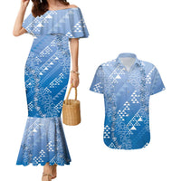 Hawaii Royal Blue Kapa Couples Matching Mermaid Dress and Hawaiian Shirt Vintage 'Ohe Kāpala Motifs Mix Plumeria Leis