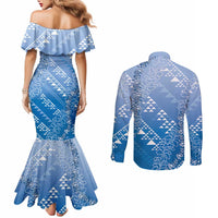 Hawaii Royal Blue Kapa Couples Matching Mermaid Dress and Long Sleeve Button Shirt Vintage 'Ohe Kāpala Motifs Mix Plumeria Leis