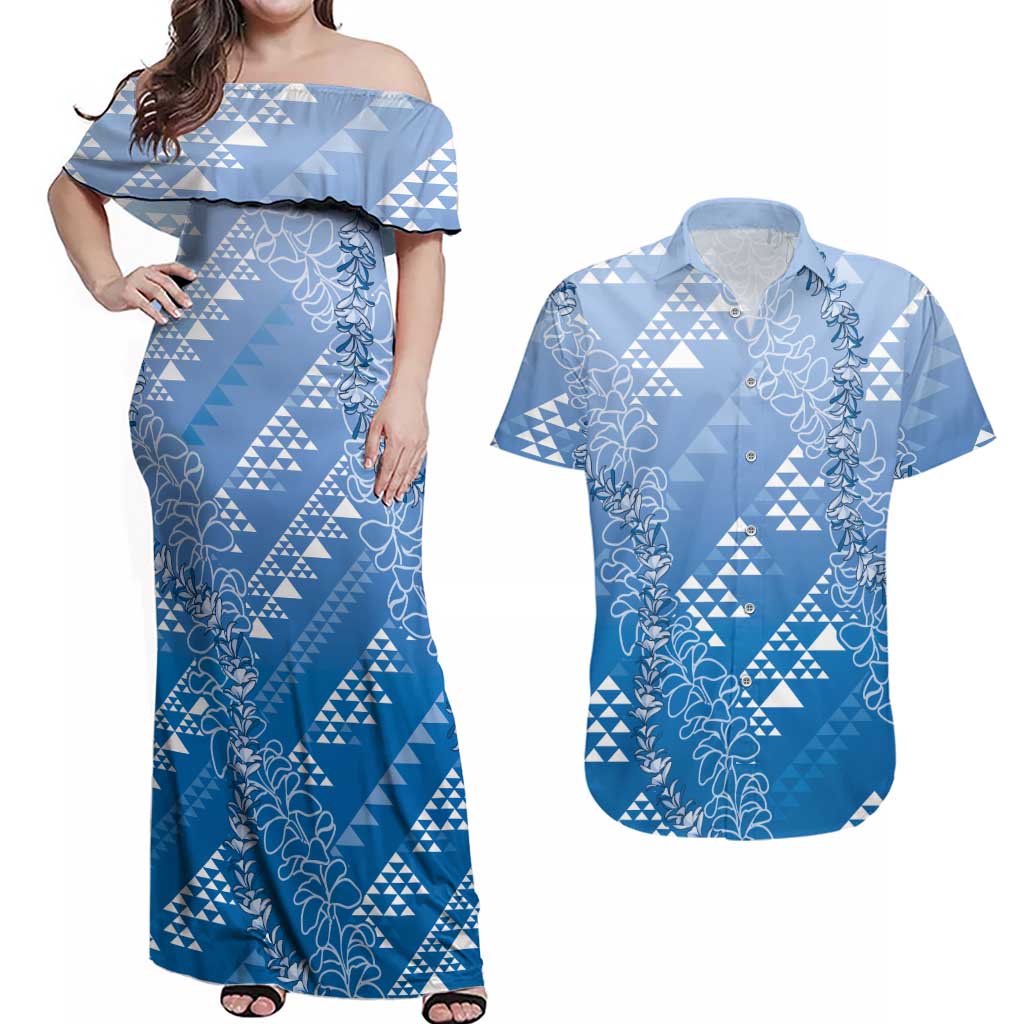 Hawaii Royal Blue Kapa Couples Matching Off Shoulder Maxi Dress and Hawaiian Shirt Vintage 'Ohe Kāpala Motifs Mix Plumeria Leis LT7 Royal Blue - Polynesian Pride