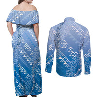 Hawaii Royal Blue Kapa Couples Matching Off Shoulder Maxi Dress and Long Sleeve Button Shirt Vintage 'Ohe Kāpala Motifs Mix Plumeria Leis