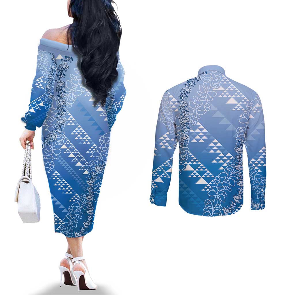 Hawaii Royal Blue Kapa Couples Matching Off The Shoulder Long Sleeve Dress and Long Sleeve Button Shirt Vintage 'Ohe Kāpala Motifs Mix Plumeria Leis