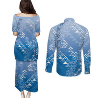 Hawaii Royal Blue Kapa Couples Matching Puletasi and Long Sleeve Button Shirt Vintage 'Ohe Kāpala Motifs Mix Plumeria Leis