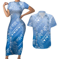 Hawaii Royal Blue Kapa Couples Matching Short Sleeve Bodycon Dress and Hawaiian Shirt Vintage 'Ohe Kāpala Motifs Mix Plumeria Leis