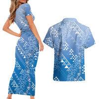 Hawaii Royal Blue Kapa Couples Matching Short Sleeve Bodycon Dress and Hawaiian Shirt Vintage 'Ohe Kāpala Motifs Mix Plumeria Leis