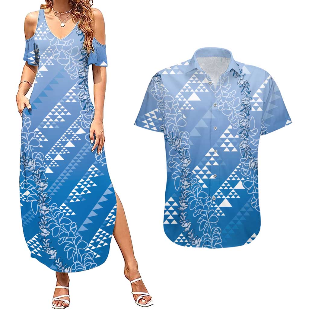 Hawaii Royal Blue Kapa Couples Matching Summer Maxi Dress and Hawaiian Shirt Vintage 'Ohe Kāpala Motifs Mix Plumeria Leis LT7 Royal Blue - Polynesian Pride