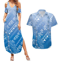 Hawaii Royal Blue Kapa Couples Matching Summer Maxi Dress and Hawaiian Shirt Vintage 'Ohe Kāpala Motifs Mix Plumeria Leis