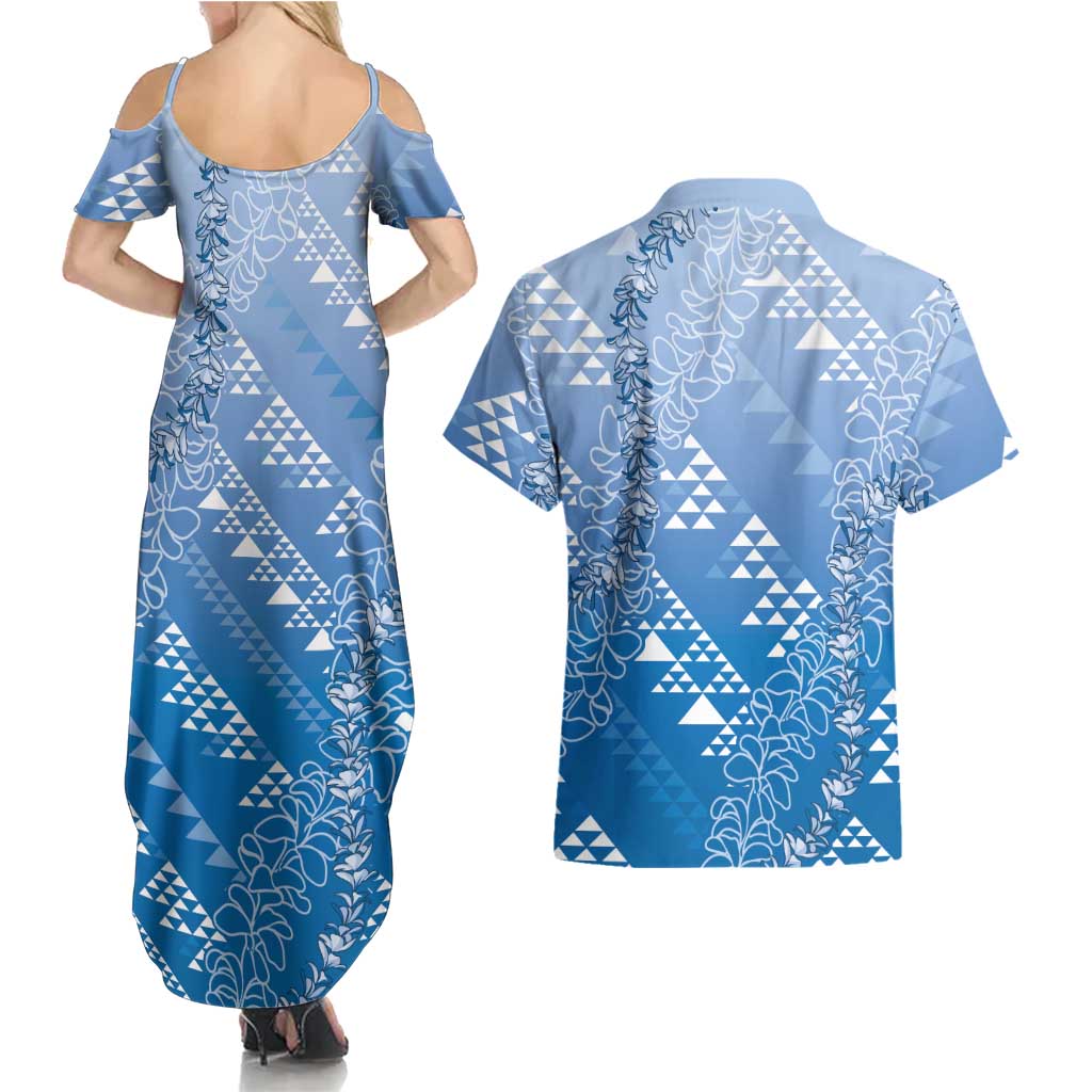 Hawaii Royal Blue Kapa Couples Matching Summer Maxi Dress and Hawaiian Shirt Vintage 'Ohe Kāpala Motifs Mix Plumeria Leis