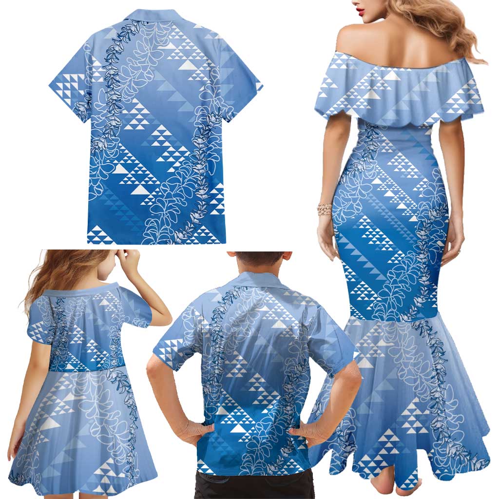 Hawaii Royal Blue Kapa Family Matching Mermaid Dress and Hawaiian Shirt Vintage 'Ohe Kāpala Motifs Mix Plumeria Leis