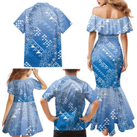 Hawaii Royal Blue Kapa Family Matching Mermaid Dress and Hawaiian Shirt Vintage 'Ohe Kāpala Motifs Mix Plumeria Leis