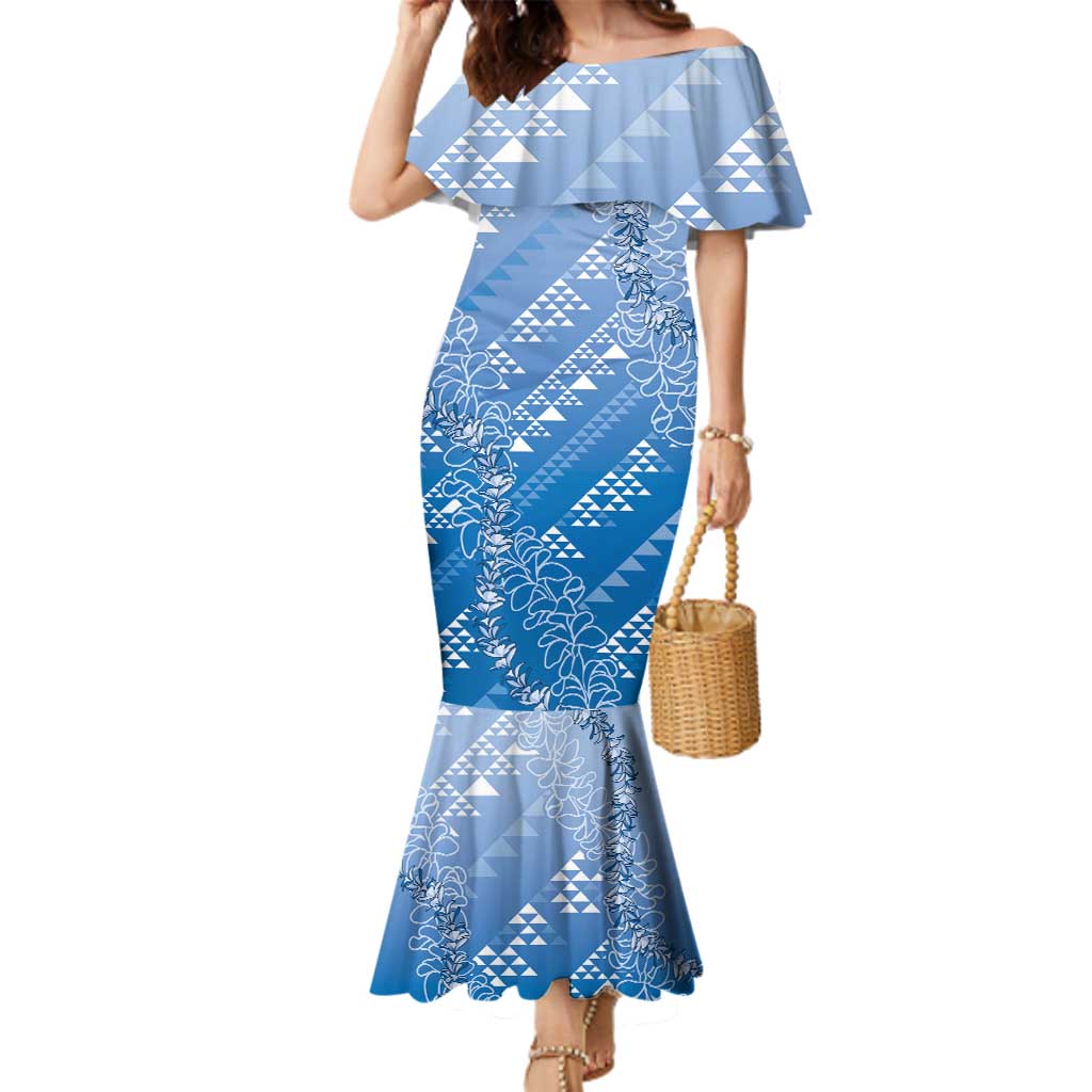 Hawaii Royal Blue Kapa Family Matching Mermaid Dress and Hawaiian Shirt Vintage 'Ohe Kāpala Motifs Mix Plumeria Leis