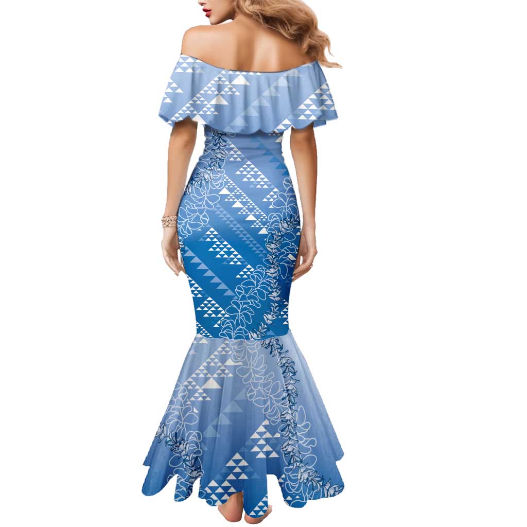 Hawaii Royal Blue Kapa Family Matching Mermaid Dress and Hawaiian Shirt Vintage 'Ohe Kāpala Motifs Mix Plumeria Leis