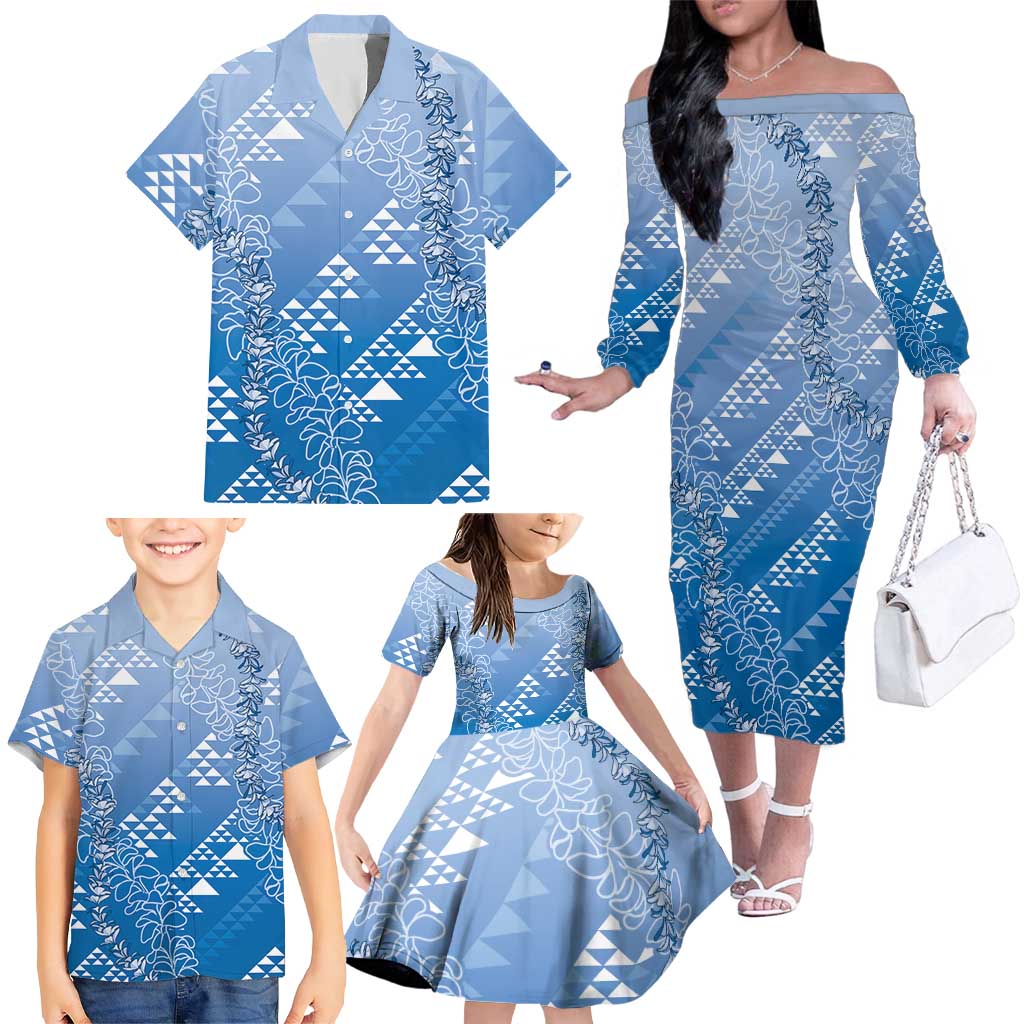 Hawaii Royal Blue Kapa Family Matching Off The Shoulder Long Sleeve Dress and Hawaiian Shirt Vintage 'Ohe Kāpala Motifs Mix Plumeria Leis LT7 - Polynesian Pride