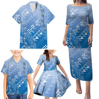 Hawaii Royal Blue Kapa Family Matching Puletasi and Hawaiian Shirt Vintage 'Ohe Kāpala Motifs Mix Plumeria Leis