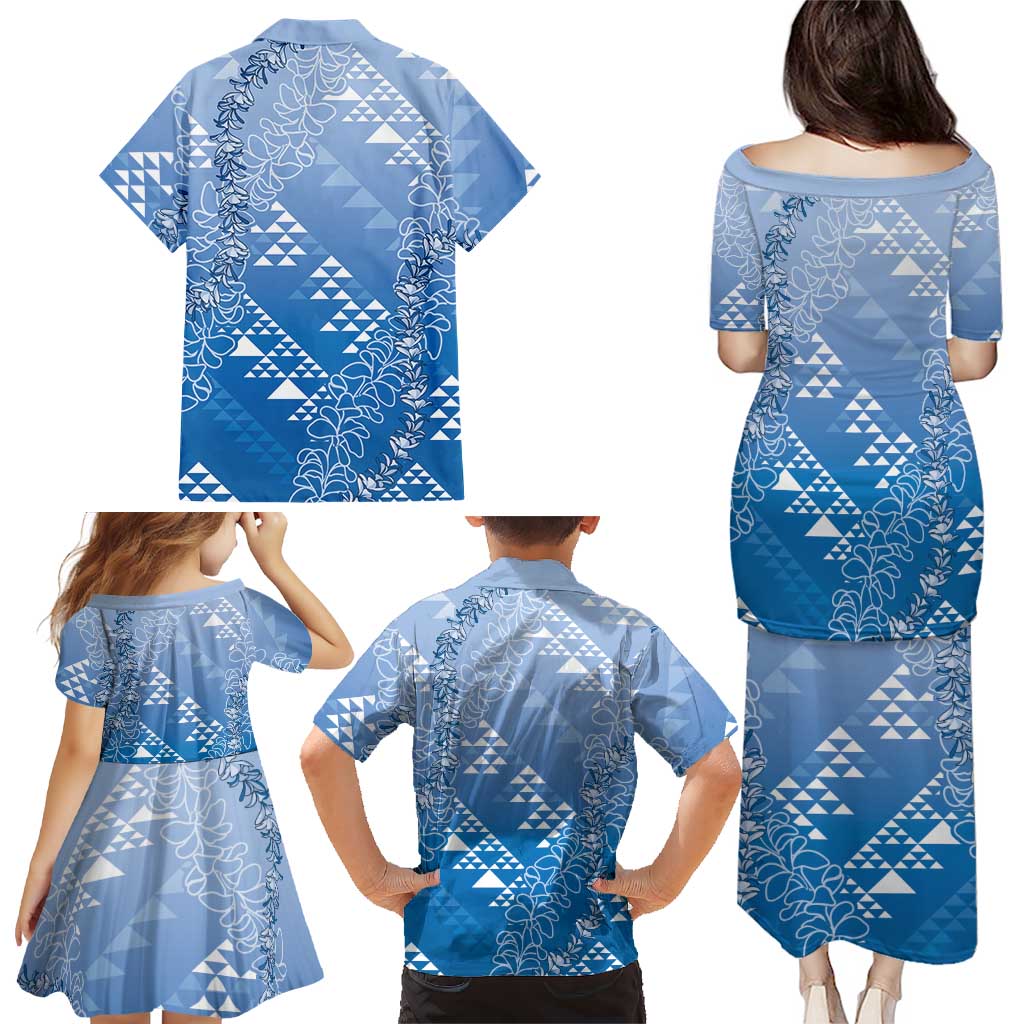 Hawaii Royal Blue Kapa Family Matching Puletasi and Hawaiian Shirt Vintage 'Ohe Kāpala Motifs Mix Plumeria Leis