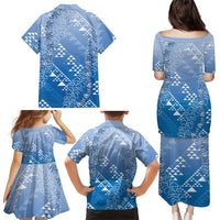 Hawaii Royal Blue Kapa Family Matching Puletasi and Hawaiian Shirt Vintage 'Ohe Kāpala Motifs Mix Plumeria Leis