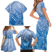 Hawaii Royal Blue Kapa Family Matching Short Sleeve Bodycon Dress and Hawaiian Shirt Vintage 'Ohe Kāpala Motifs Mix Plumeria Leis