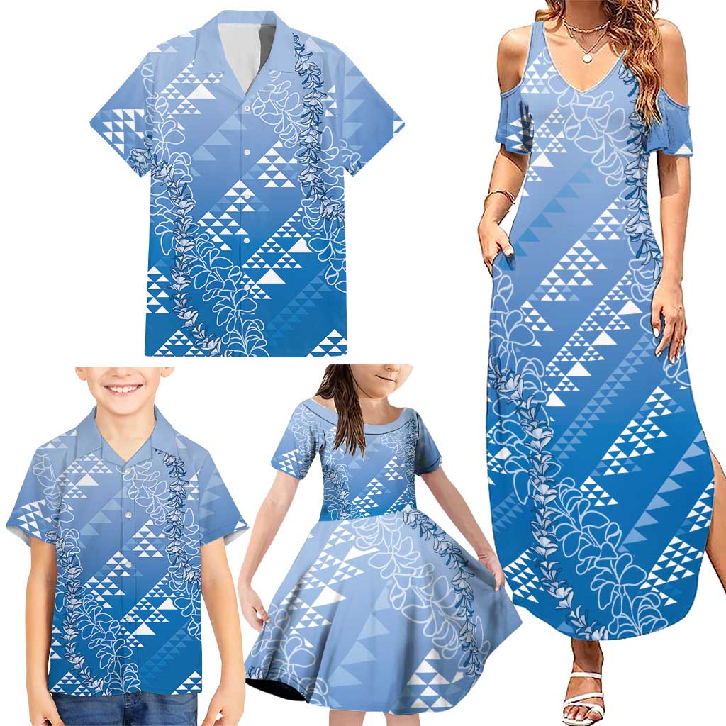 Hawaii Royal Blue Kapa Family Matching Summer Maxi Dress and Hawaiian Shirt Vintage 'Ohe Kāpala Motifs Mix Plumeria Leis LT7 - Polynesian Pride