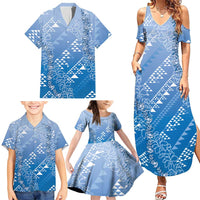Hawaii Royal Blue Kapa Family Matching Summer Maxi Dress and Hawaiian Shirt Vintage 'Ohe Kāpala Motifs Mix Plumeria Leis