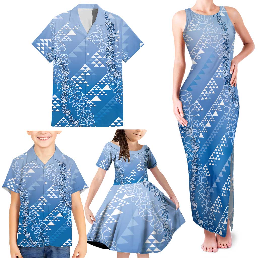 Hawaii Royal Blue Kapa Family Matching Tank Maxi Dress and Hawaiian Shirt Vintage 'Ohe Kāpala Motifs Mix Plumeria Leis LT7 - Polynesian Pride