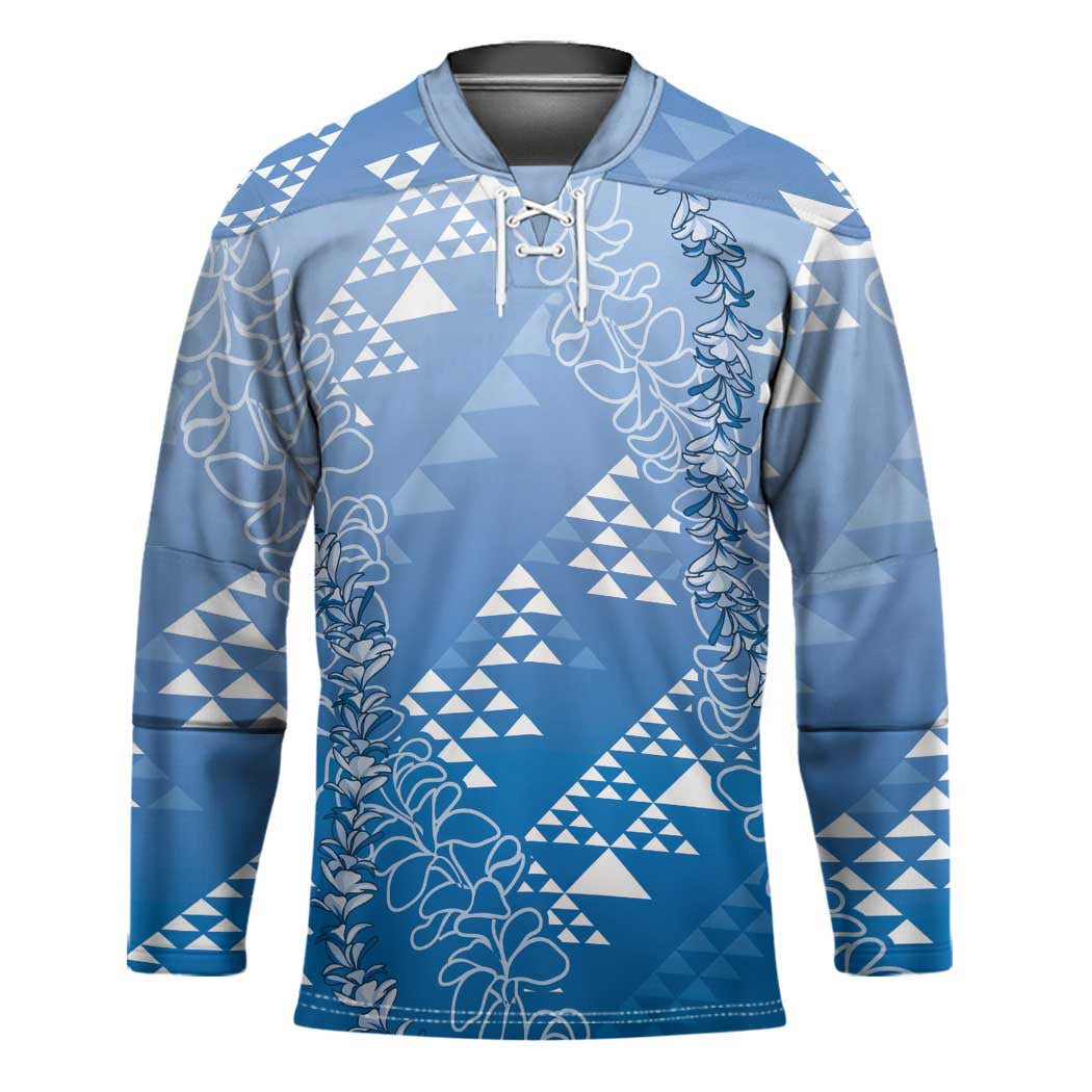 Hawaii Royal Blue Kapa Hockey Jersey Vintage 'Ohe Kāpala Motifs Mix Plumeria Leis LT7 Unisex Royal Blue - Polynesian Pride
