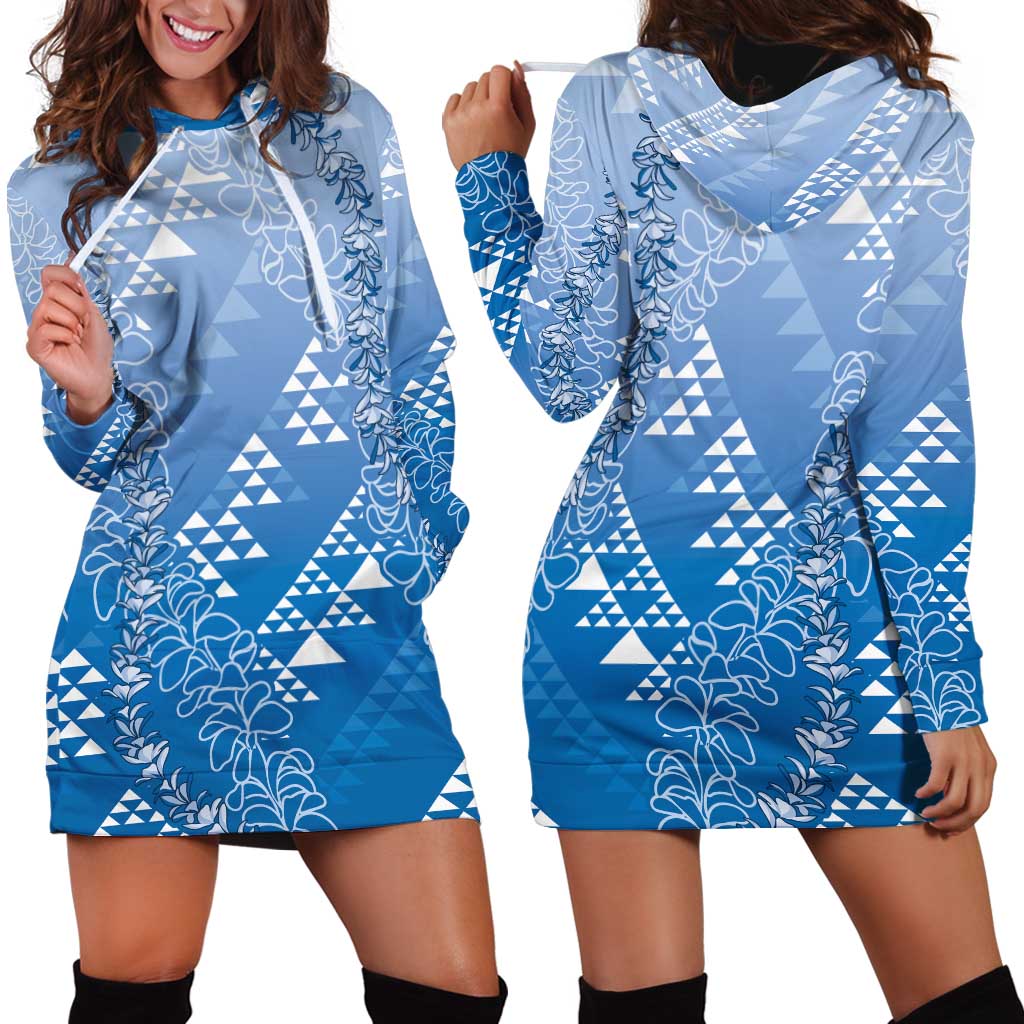 Hawaii Royal Blue Kapa Hoodie Dress Vintage 'Ohe Kāpala Motifs Mix Plumeria Leis