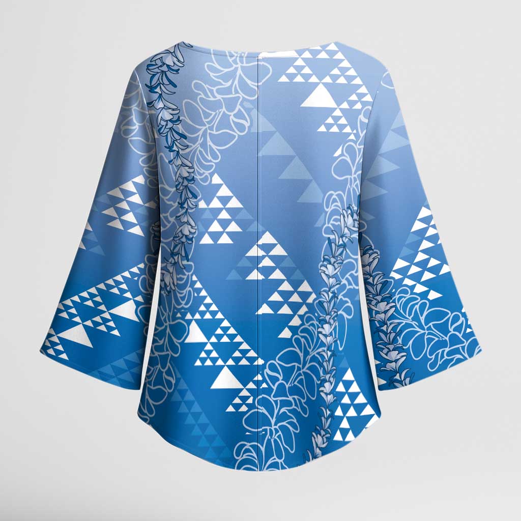 Hawaii Royal Blue Kapa Kimono Sleeve Blouse Vintage 'Ohe Kāpala Motifs Mix Plumeria Leis