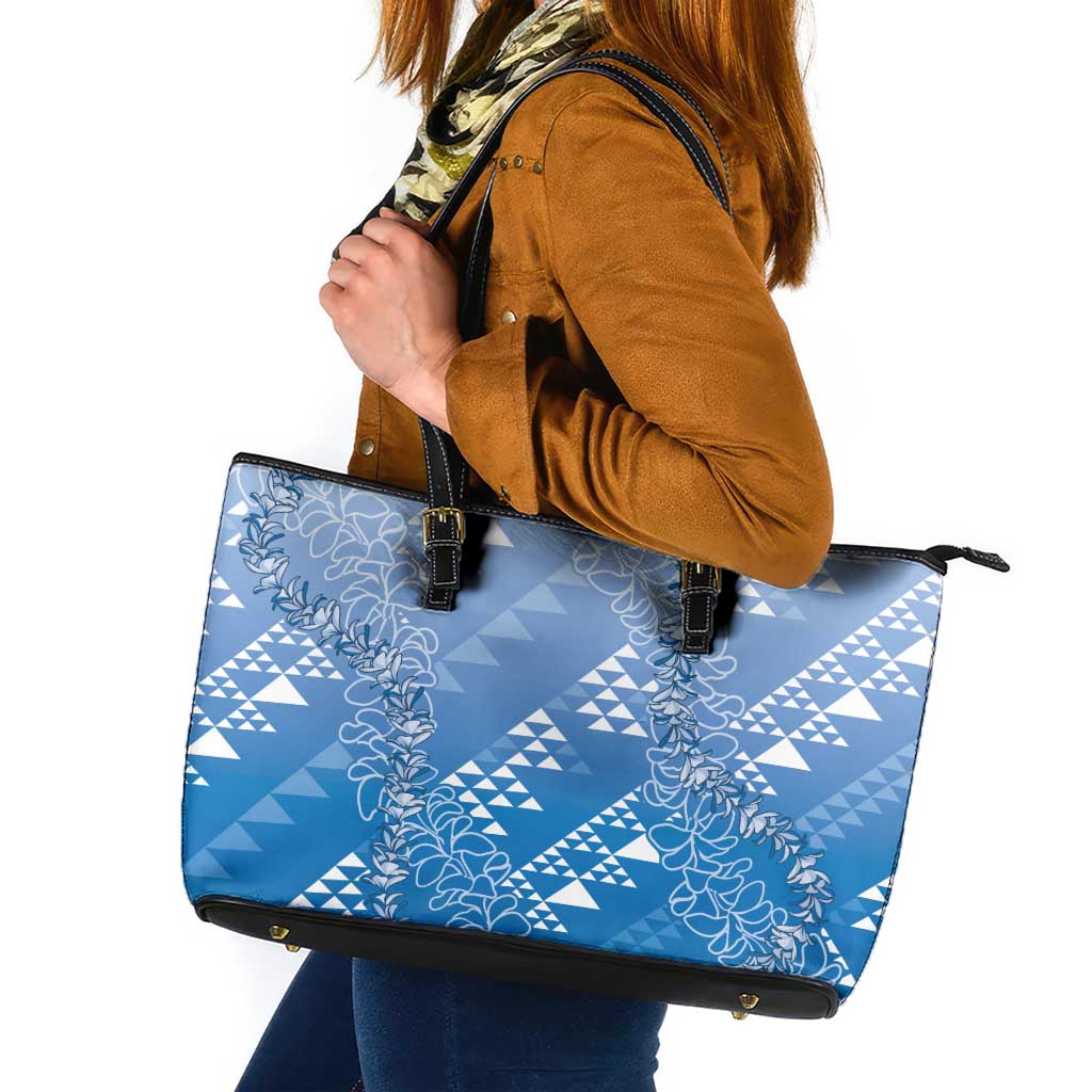Hawaii Royal Blue Kapa Leather Tote Bag Vintage 'Ohe Kāpala Motifs Mix Plumeria Leis LT7 Royal Blue - Polynesian Pride