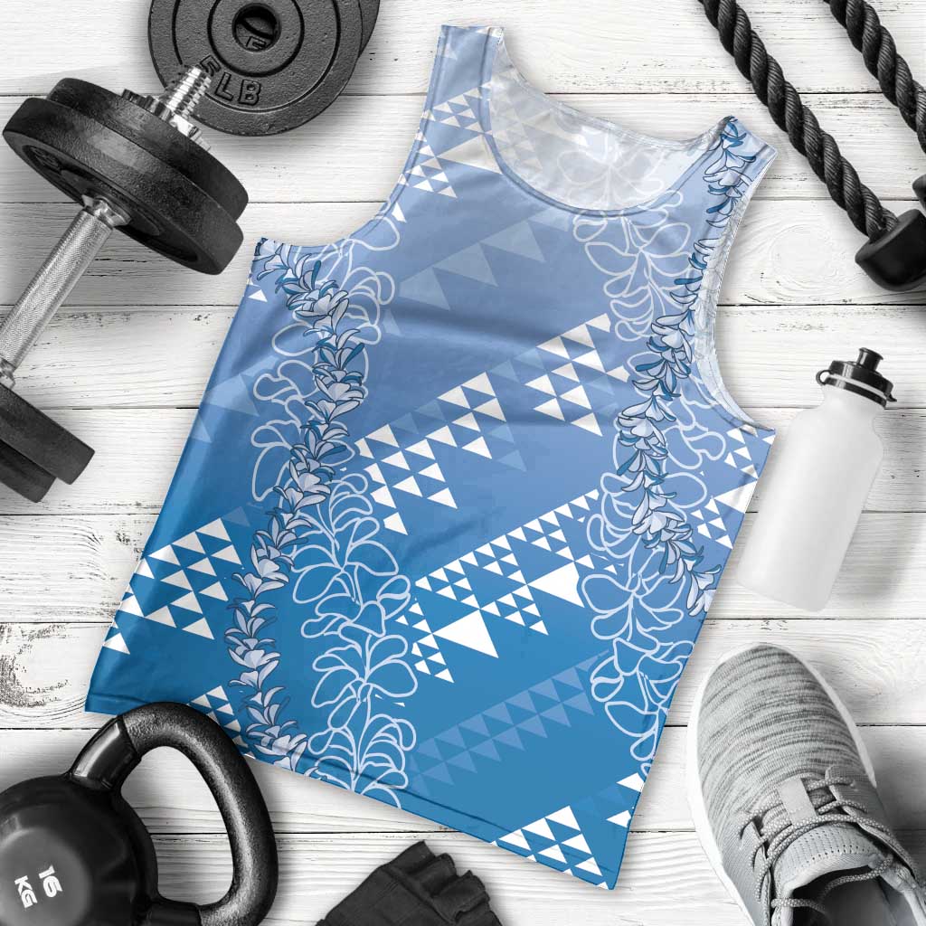 Hawaii Royal Blue Kapa Men Tank Top Vintage 'Ohe Kāpala Motifs Mix Plumeria Leis LT7 - Polynesian Pride