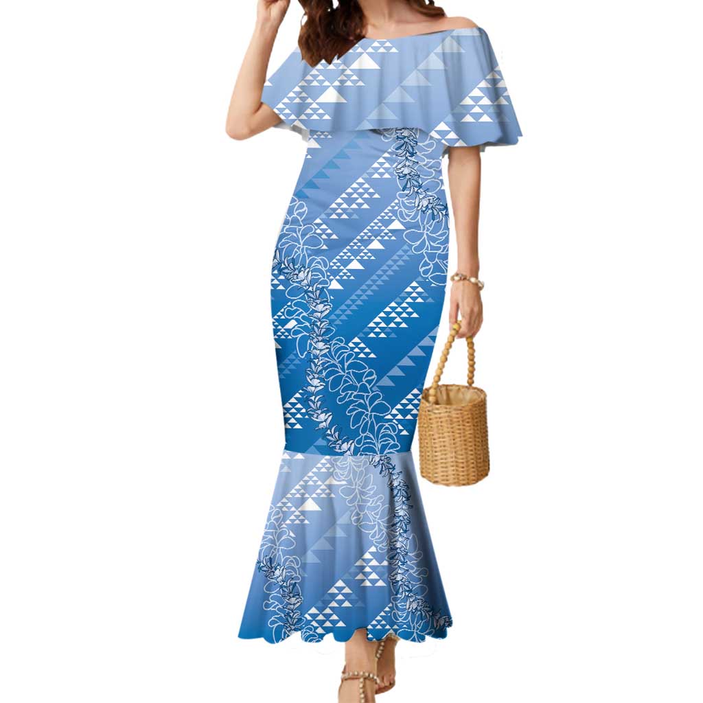Hawaii Royal Blue Kapa Mermaid Dress Vintage 'Ohe Kāpala Motifs Mix Plumeria Leis LT7 Women Royal Blue - Polynesian Pride