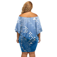 Hawaii Royal Blue Kapa Off Shoulder Short Dress Vintage 'Ohe Kāpala Motifs Mix Plumeria Leis