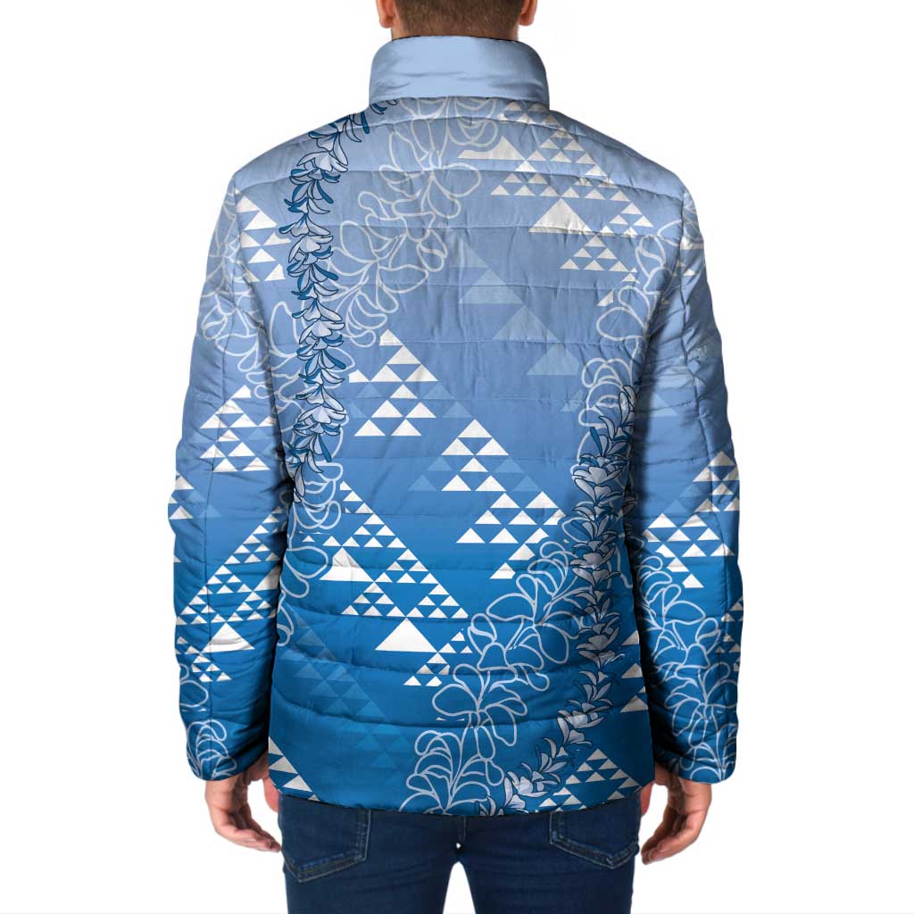 Hawaii Royal Blue Kapa Padded Jacket Vintage 'Ohe Kāpala Motifs Mix Plumeria Leis