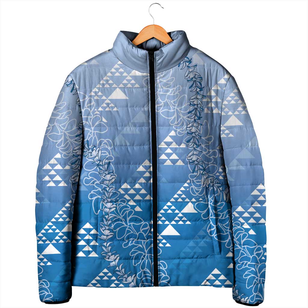 Hawaii Royal Blue Kapa Padded Jacket Vintage 'Ohe Kāpala Motifs Mix Plumeria Leis
