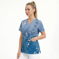 Hawaii Royal Blue Kapa Scrub Top Vintage 'Ohe Kāpala Motifs Mix Plumeria Leis LT7 - Polynesian Pride