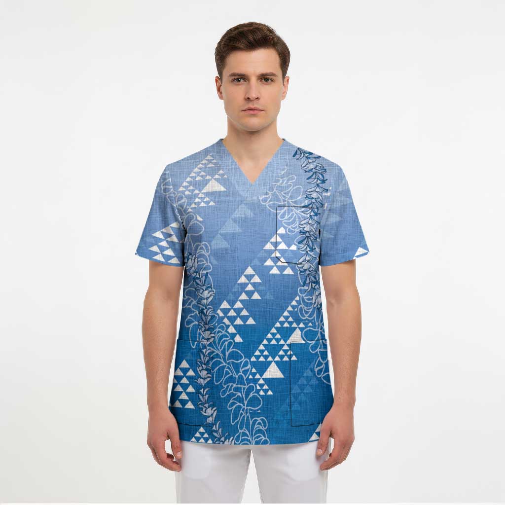 Hawaii Royal Blue Kapa Scrub Top Vintage 'Ohe Kāpala Motifs Mix Plumeria Leis LT7 - Polynesian Pride