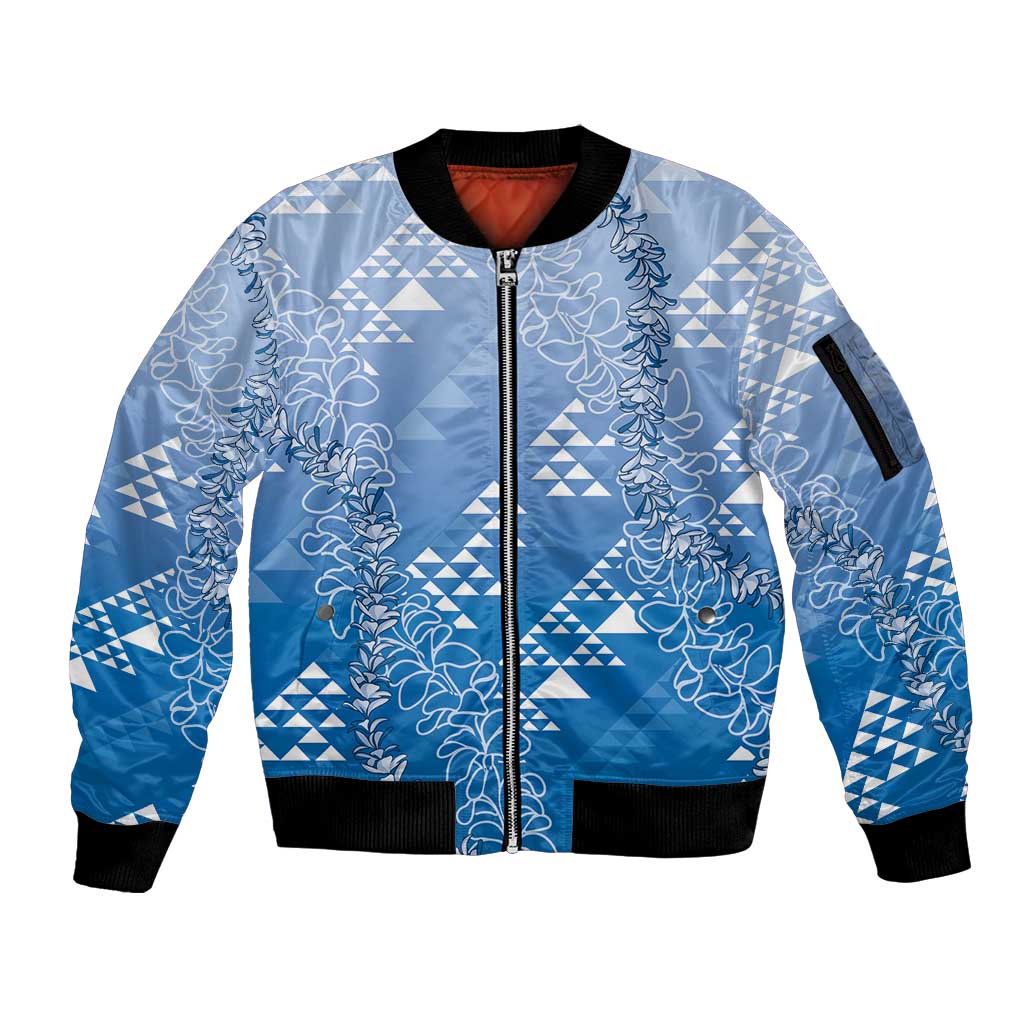 Hawaii Royal Blue Kapa Sleeve Zip Bomber Jacket Vintage 'Ohe Kāpala Motifs Mix Plumeria Leis LT7 Unisex Royal Blue - Polynesian Pride