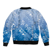 Hawaii Royal Blue Kapa Sleeve Zip Bomber Jacket Vintage 'Ohe Kāpala Motifs Mix Plumeria Leis LT7 - Polynesian Pride