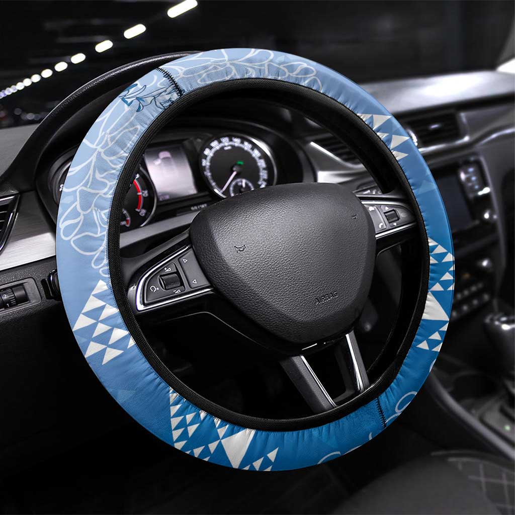Hawaii Royal Blue Kapa Steering Wheel Cover Vintage 'Ohe Kāpala Motifs Mix Plumeria Leis LT7 Universal Fit Royal Blue - Polynesian Pride