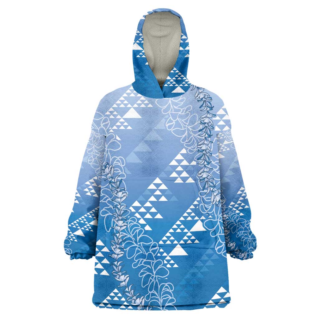Hawaii Royal Blue Kapa Wearable Blanket Hoodie Vintage 'Ohe Kāpala Motifs Mix Plumeria Leis LT7 One Size Royal Blue - Polynesian Pride