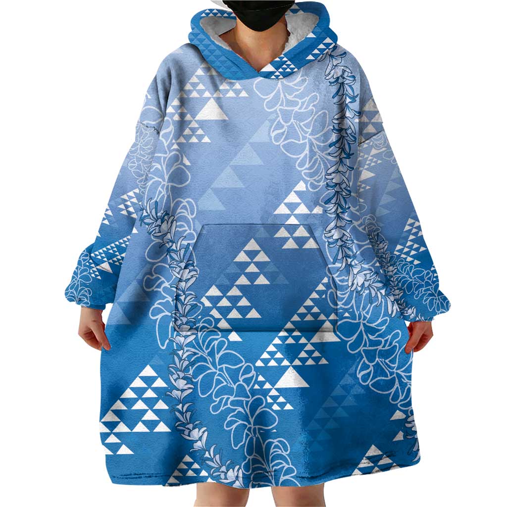 Hawaii Royal Blue Kapa Wearable Blanket Hoodie Vintage 'Ohe Kāpala Motifs Mix Plumeria Leis