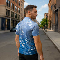Hawaii Royal Blue Kapa Zipper Polo Shirt Vintage 'Ohe Kāpala Motifs Mix Plumeria Leis