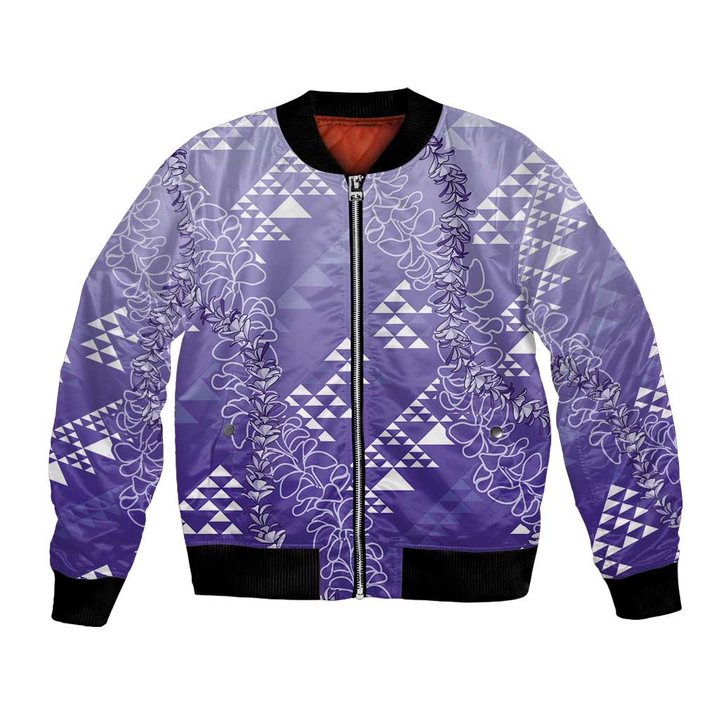 Hawaii Lavender Kapa Bomber Jacket Vintage 'Ohe Kāpala Motifs Mix Plumeria Leis LT7 Unisex Lavender - Polynesian Pride