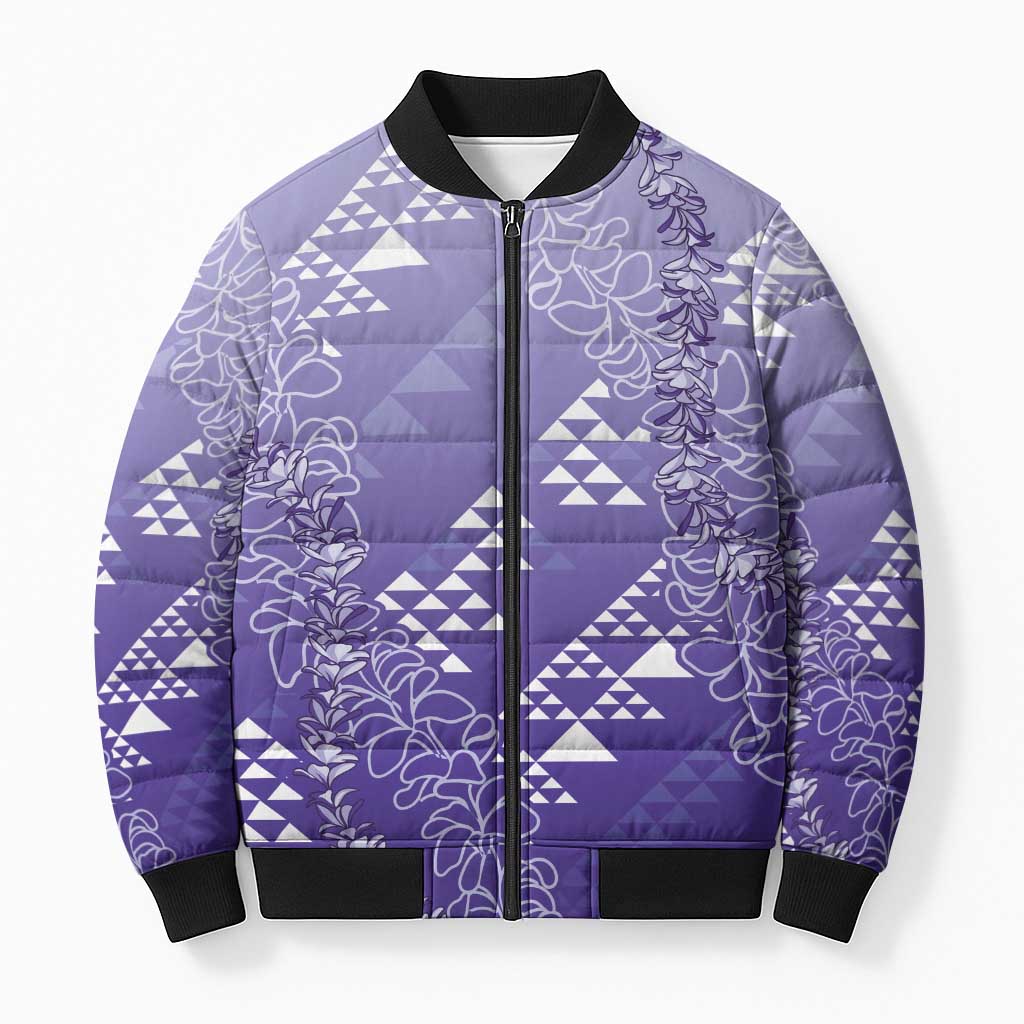 Hawaii Lavender Kapa Bomber Puffer Jacket Vintage 'Ohe Kāpala Motifs Mix Plumeria Leis LT7 Unisex Lavender - Polynesian Pride